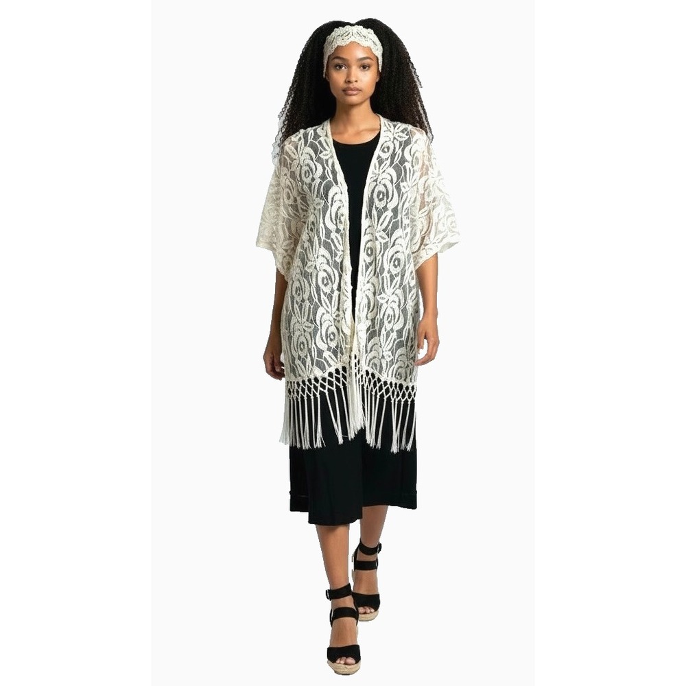 VTG Estam Women's Fringed Lace Top Cover-Up Kimono M Ivory Boho Hippie Rodeo USA